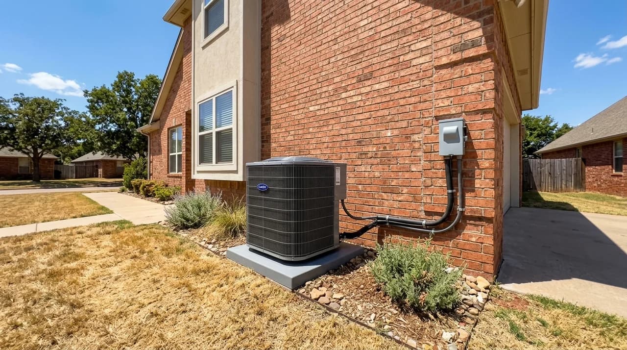 Outdoor AC condenser at a Moore, OK home