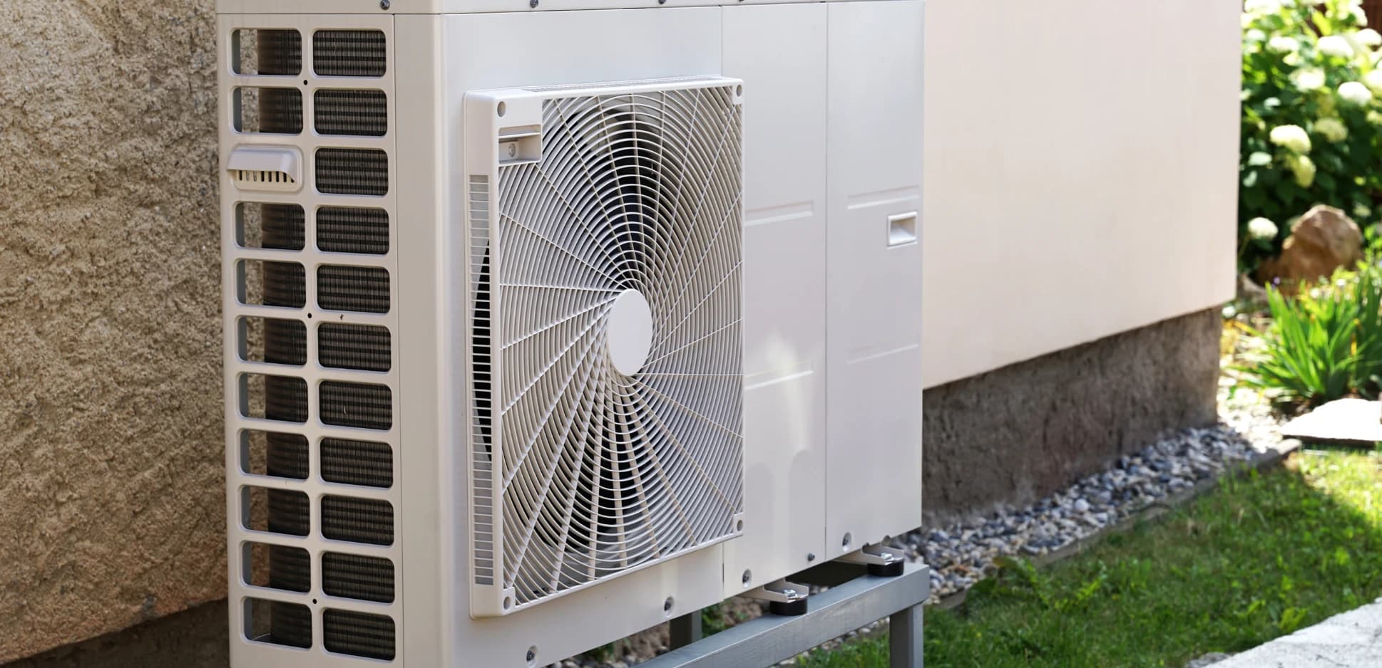 Close view of a newly installed outdoor heat pump unit