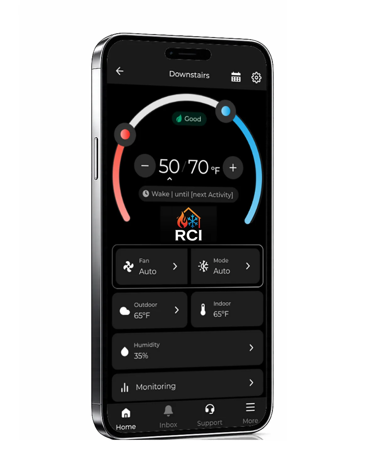 Phone showing the RCI app with the home's temperature range, fan and mode settings, and the RCI logo