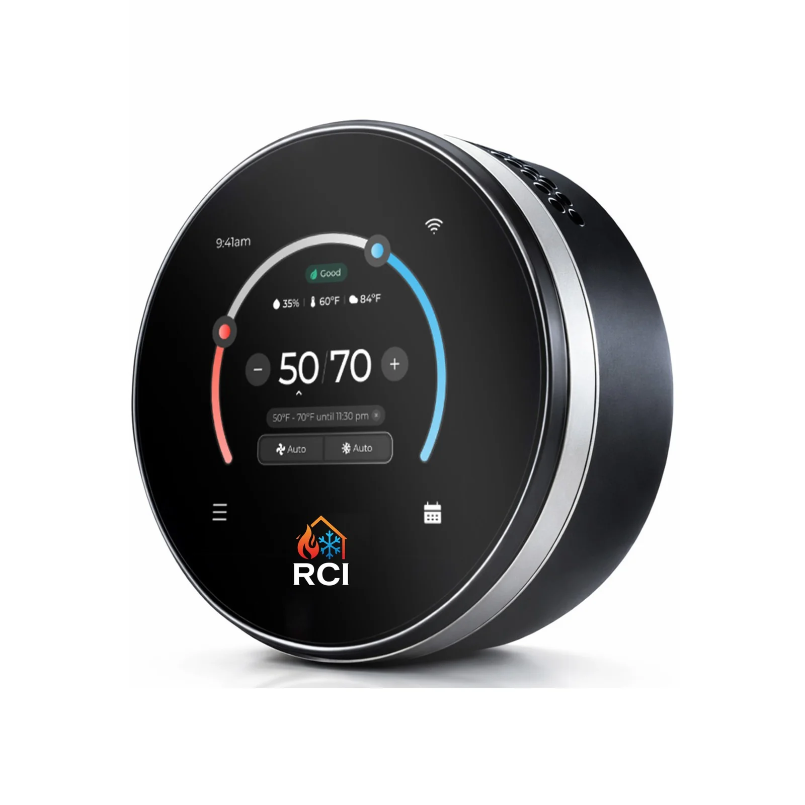 RCI Smart Thermostat, a round black unit with a touch screen showing the temperature range and the RCI logo