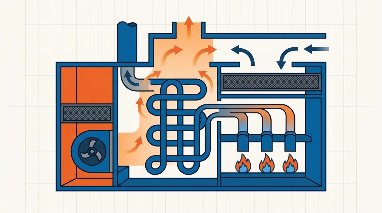 Diagram of airflow through a gas furnace's burners, heat exchanger, and blower
