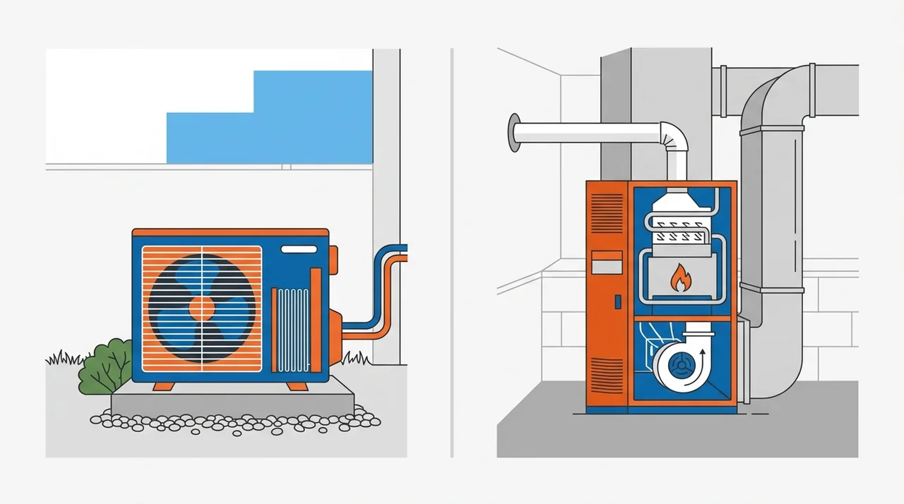 Illustration of an outdoor heat pump unit next to an indoor gas furnace