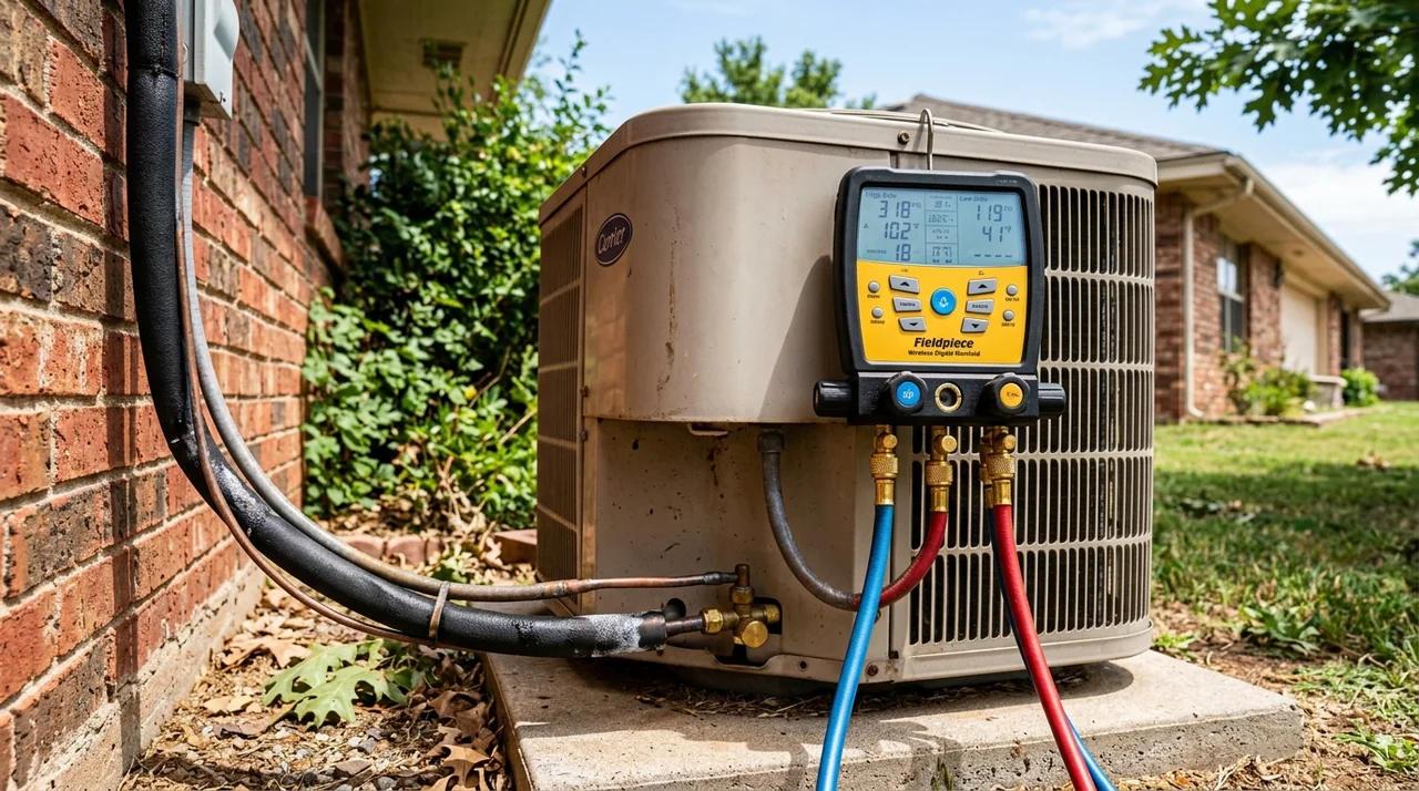 Technician checking refrigerant pressures on a residential AC