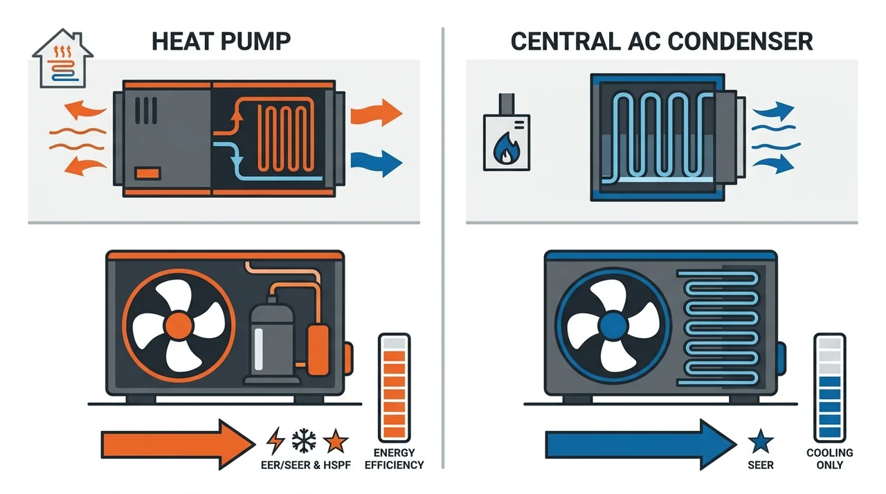 Diagram comparing a heat pump to a central AC condenser